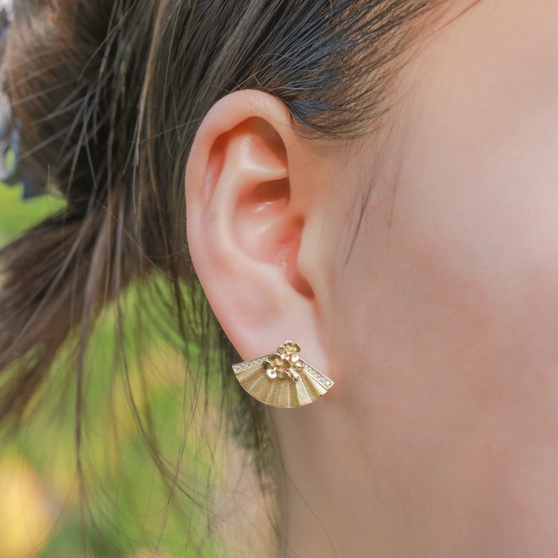 S925 Sterling Silver Gold-Plated Fan-Shaped Flower Zircon Earrings