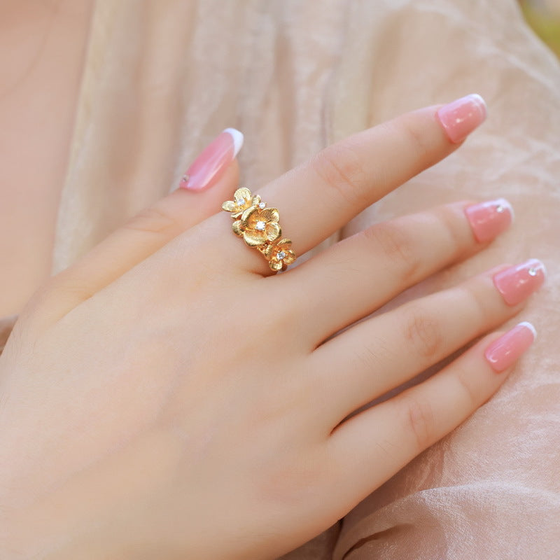 S925 Sterling Silver Gold-Plated Jasmine Flower Zircon Ring