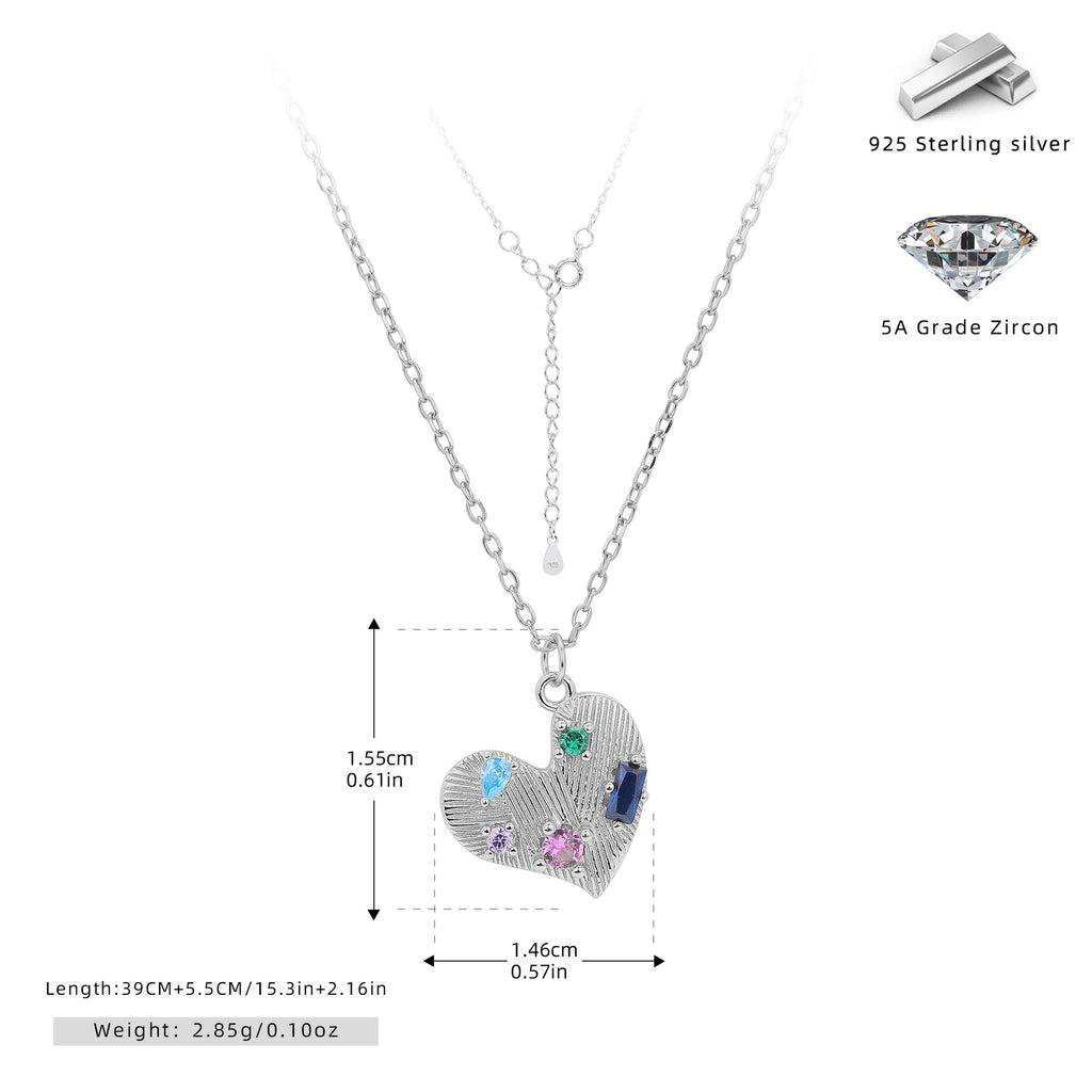 S925 Sterling Silver Heart Necklace Inlaid with Colored Zirconium