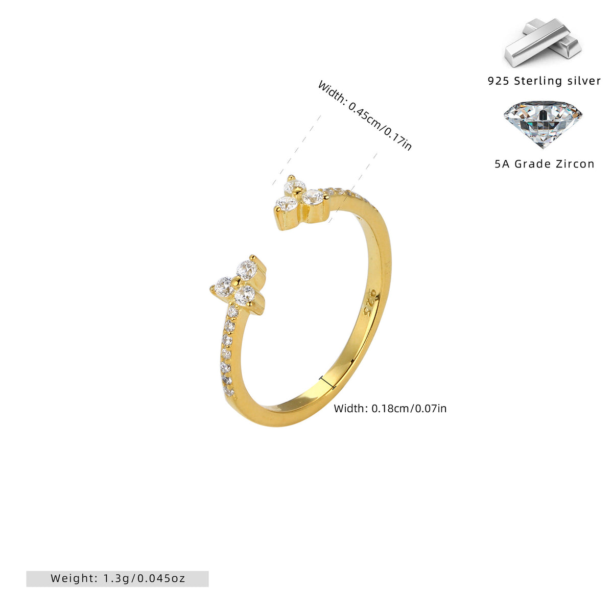925 Sterling Silver Ring with Adjustable Opening and Zirconia for Delicate Small Flowers