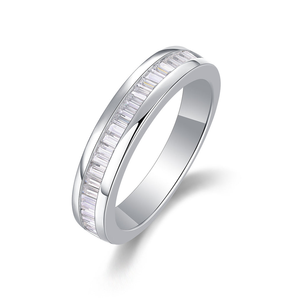 S925 Sterling Silver Ring with Flat-Set Baguette Moissanite