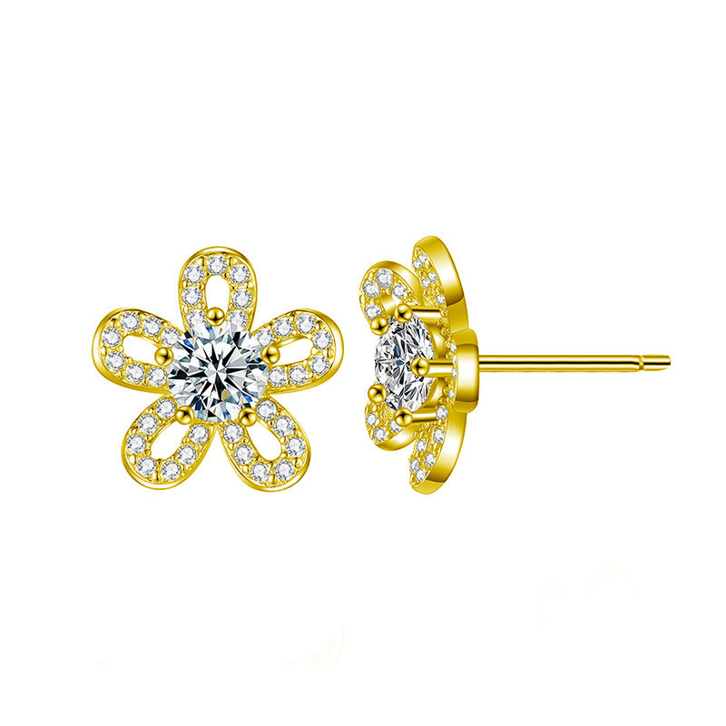 S925 Sterling Silver Sunflower Earrings with Openwork Pearls and Moissanite