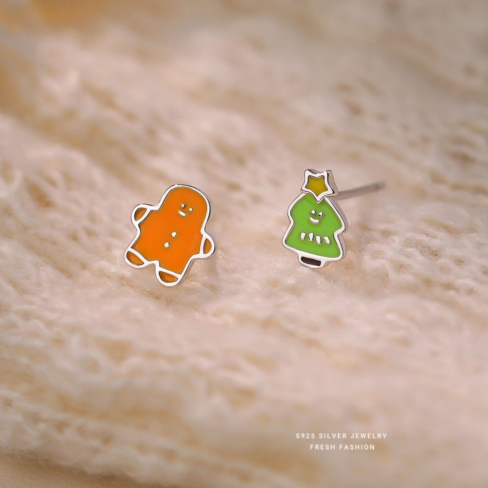 S925 Sterling Silver Gingerbread Man and Christmas Tree Stud Earrings