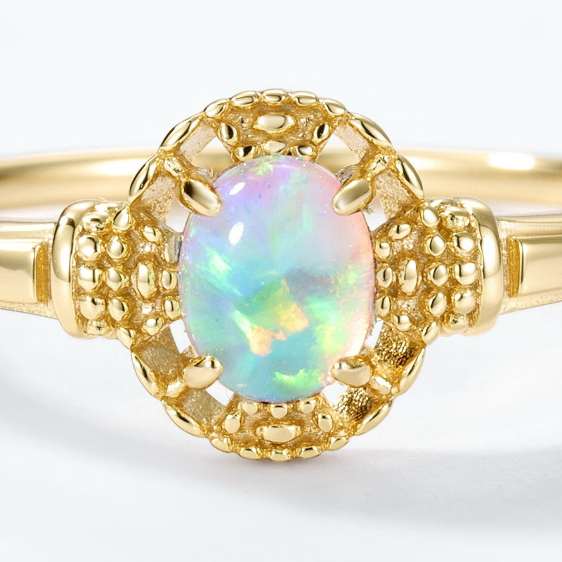 S925 Sterling Silver Gold-Plated Multicolored Synthetic Opal Ring