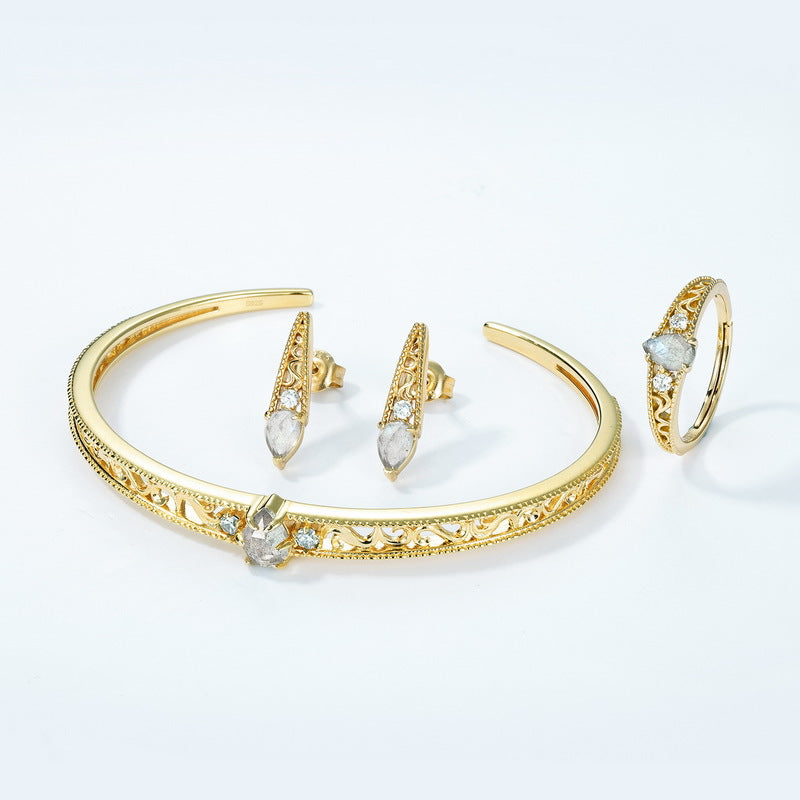 S925 Sterling Silver Gold-Plated Openwork Bangle Inlaid with Labradorite
