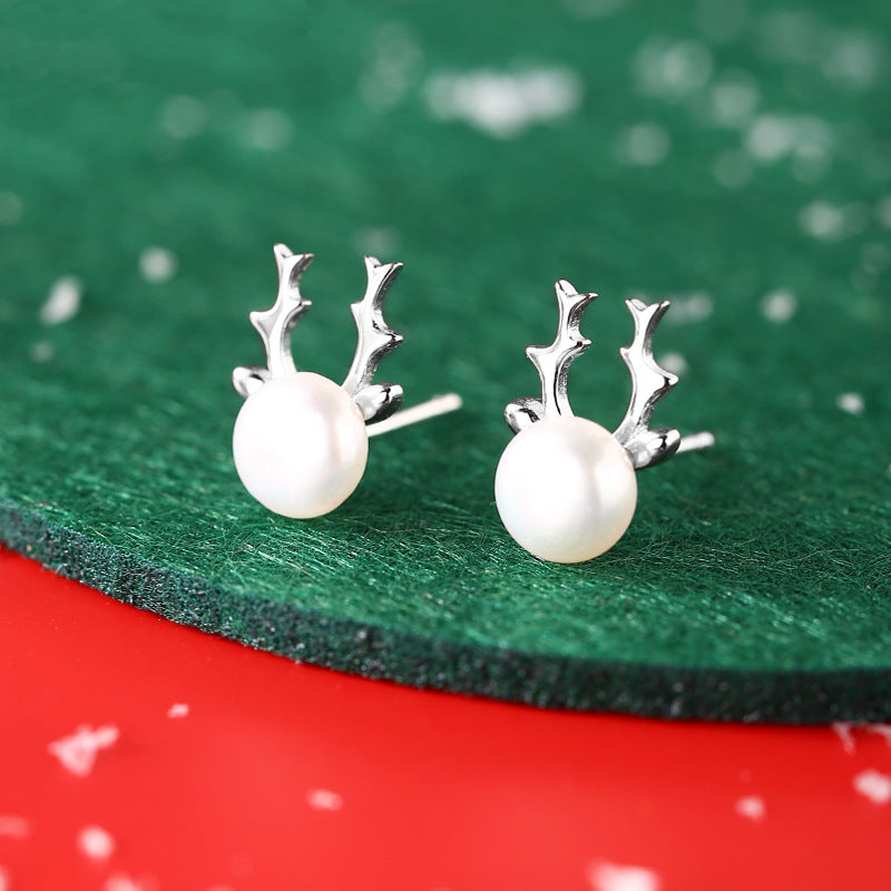 S925 Sterling Silver Christmas Reindeer and Natural Freshwater Pearl Stud Earrings