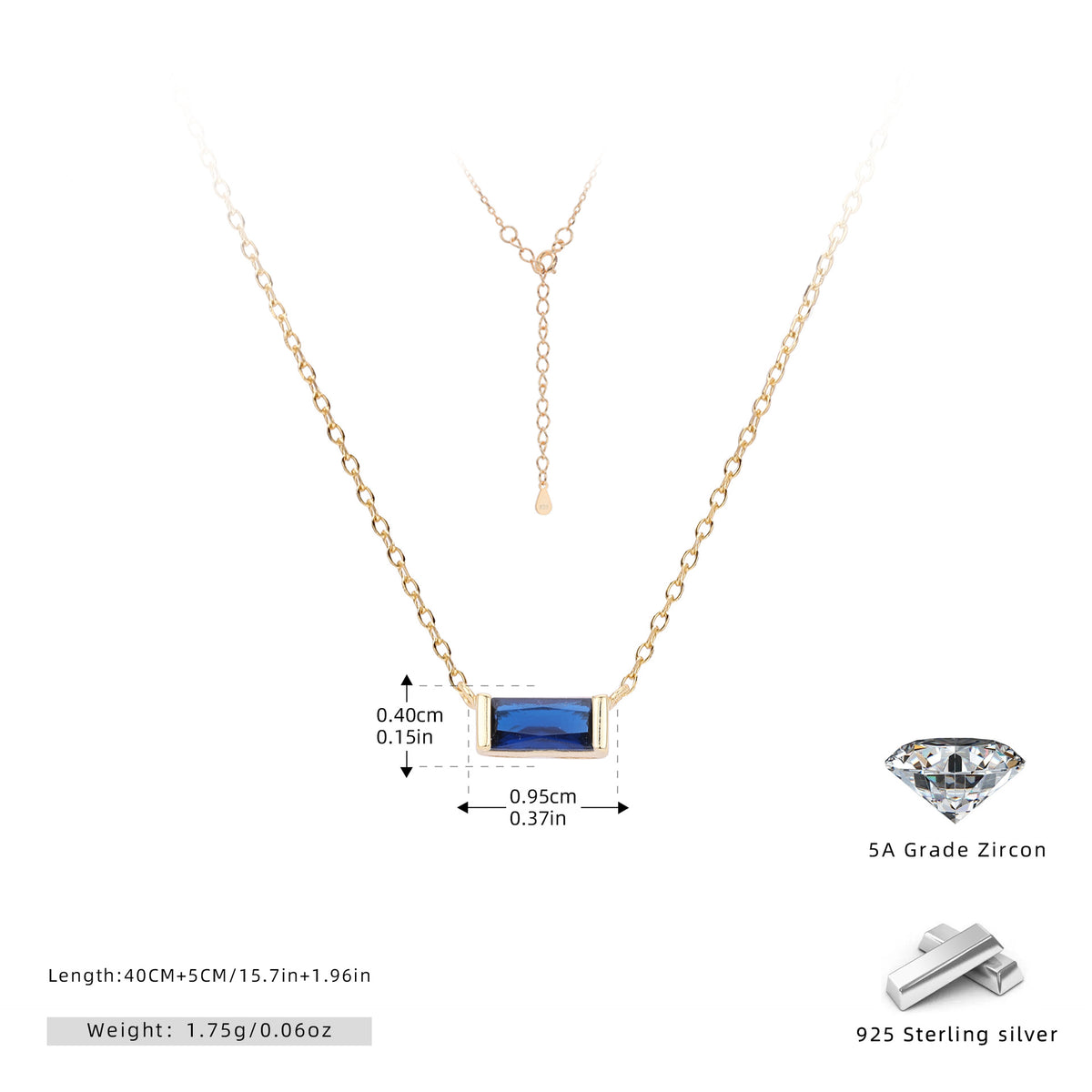Rectangular colored zircon s925 sterling silver December birthstone collar necklace