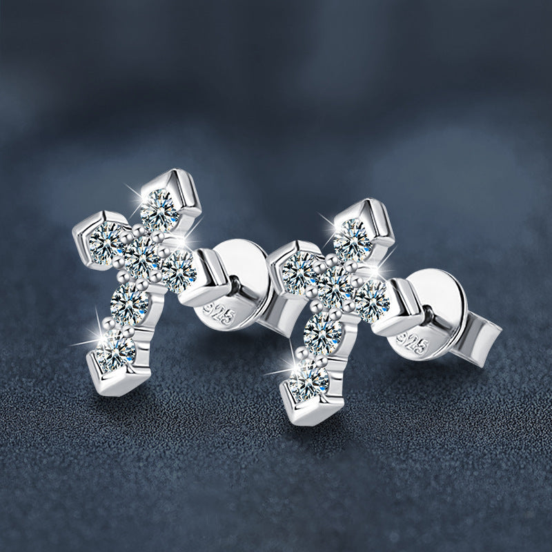 S925 Sterling Silver & Moissanite Cross Stud Earrings — Unique Design