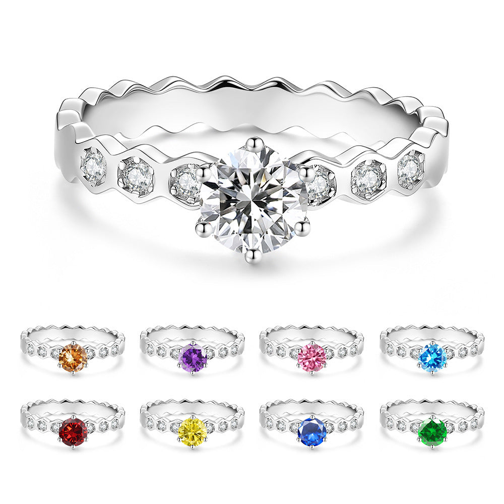S925 Sterling Silver Moissanite Honeycomb Six-Prong Ring