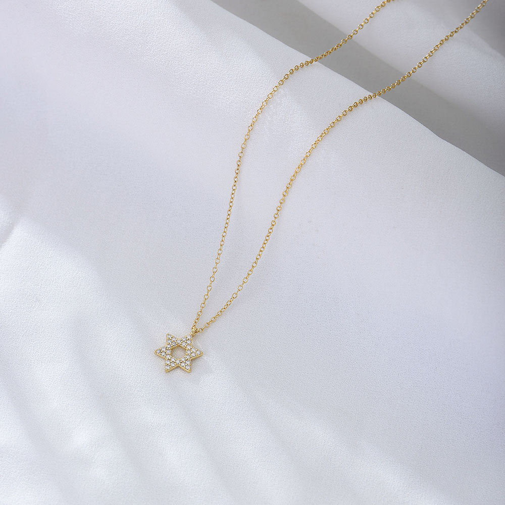 S925 Sterling Silver with Shiny Zircon Six-Pointed Star Pendant Necklace