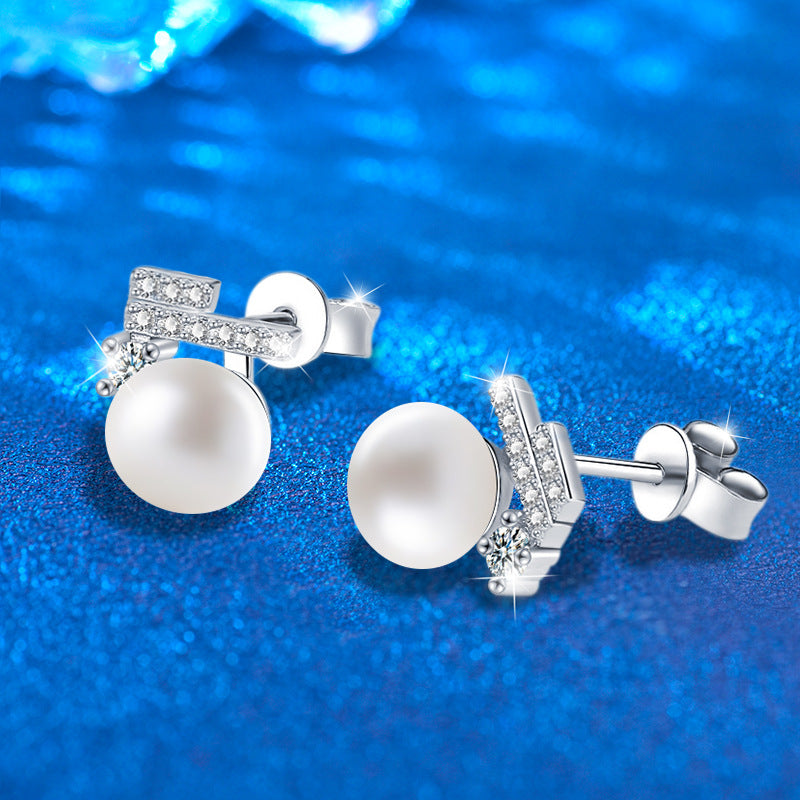 Natural Freshwater Pearl Stud Earrings, Set in 925 Sterling Silver with Moissanite Accents