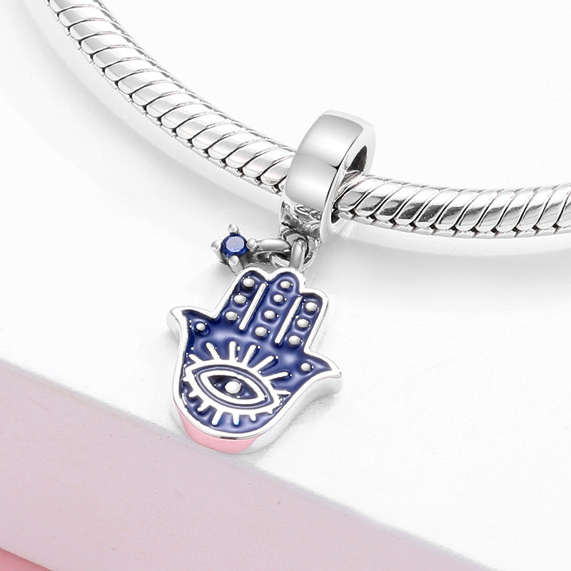 S925 Sterling Silver Dark Blue Enamel Hand Shape Inlaid Zircon Pendant