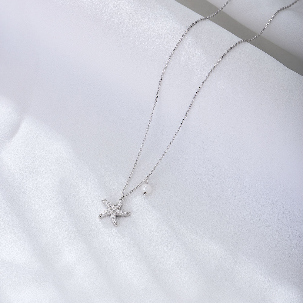 S925 Sterling Silver Zircon Inlaid Starfish Five-Pointed Star Pearl Necklace