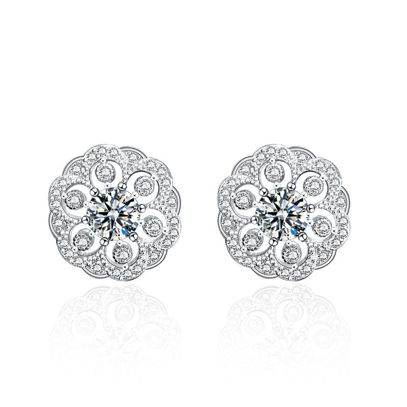 925 Sterling Silver Delicate Round Flower Moissanite Stud Earrings