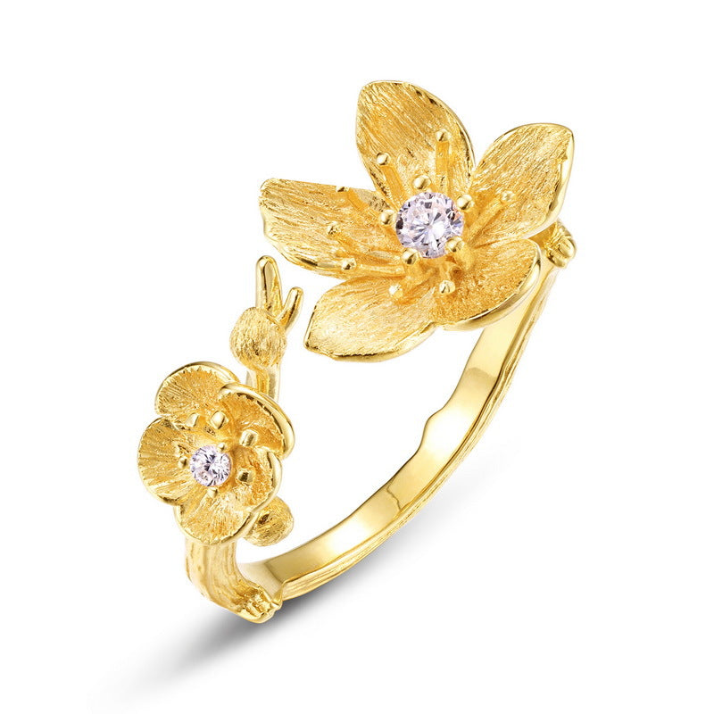 S925 Sterling Silver Gold-Plated Flower Zircon Ring