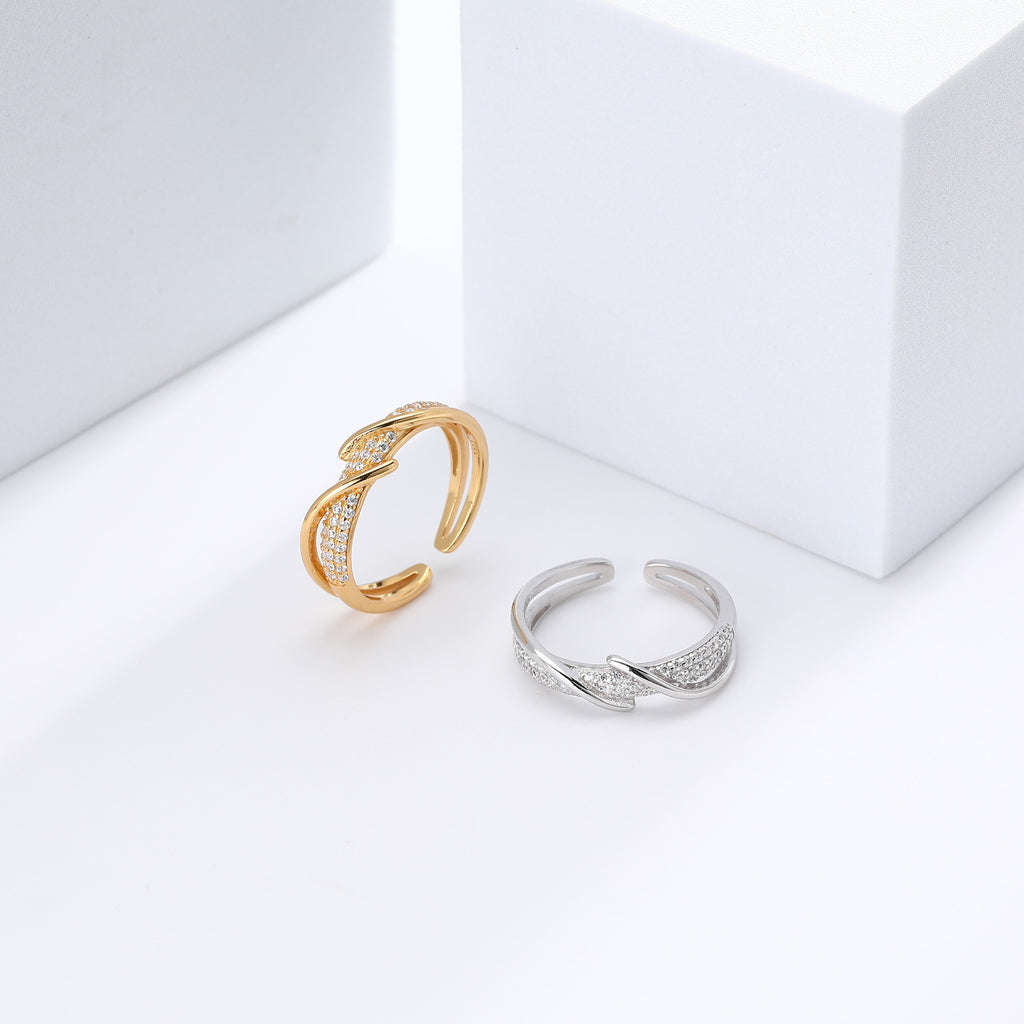 Minimalist style zircon-set open-style index finger ring, S925 sterling silver, intertwined design, understated luxury