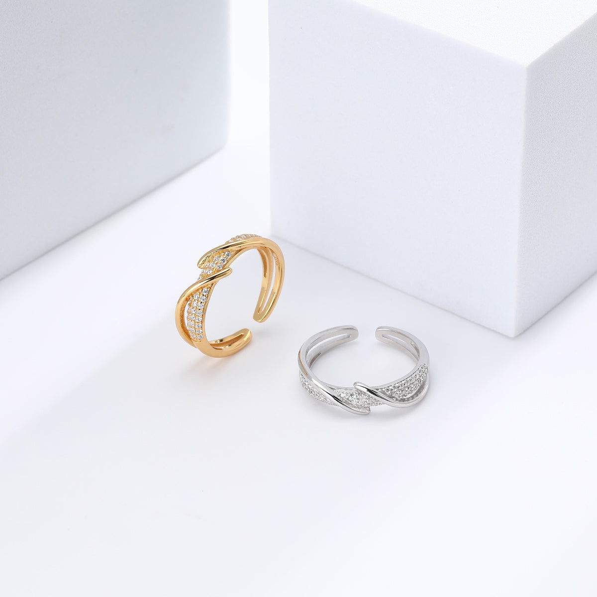 Minimalist style zircon-set open-style index finger ring, S925 sterling silver, intertwined design, understated luxury