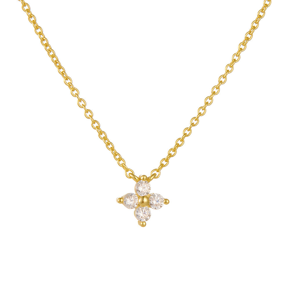 S925 Sterling Silver Plated 14K Gold Zircon Inlaid Four Leaf Clover Necklace