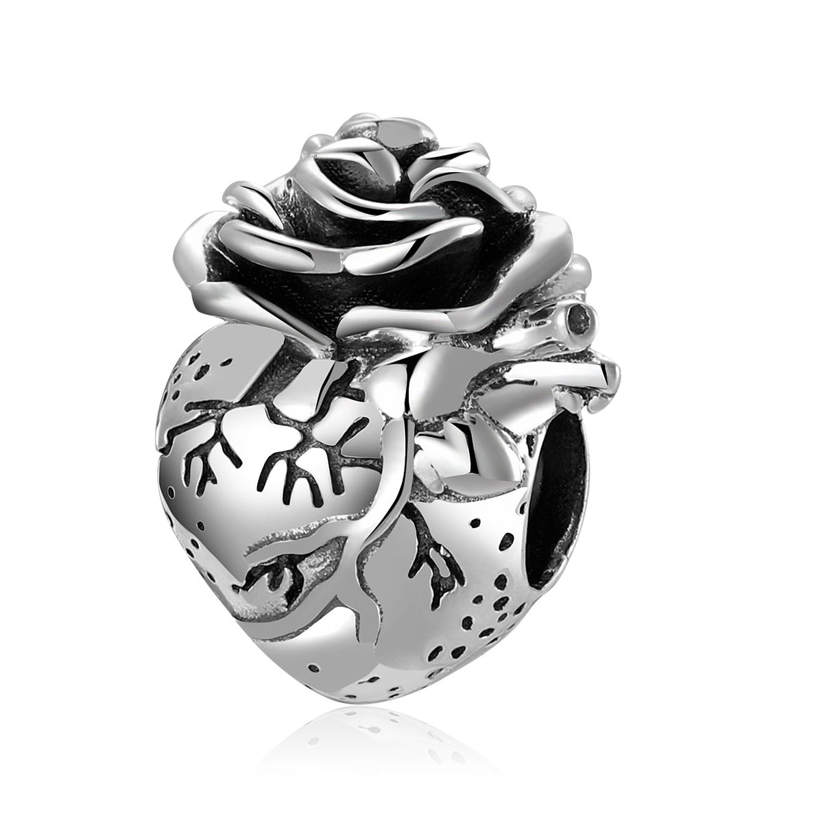 S925 Sterling Silver Dark Retro Heart-Shaped Rose Pendant