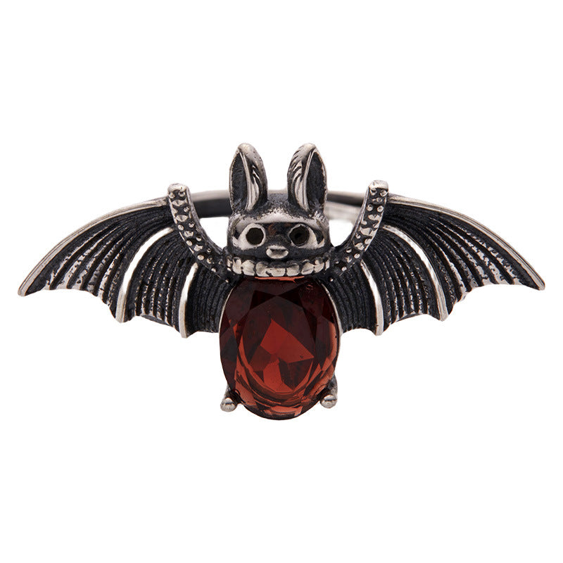S925 Sterling Silver Halloween Garnet Bat Open Ring