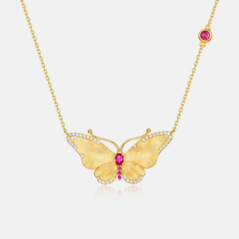 S925 Sterling Silver Gold-Plated Butterfly Red Sapphire Pendant Necklace