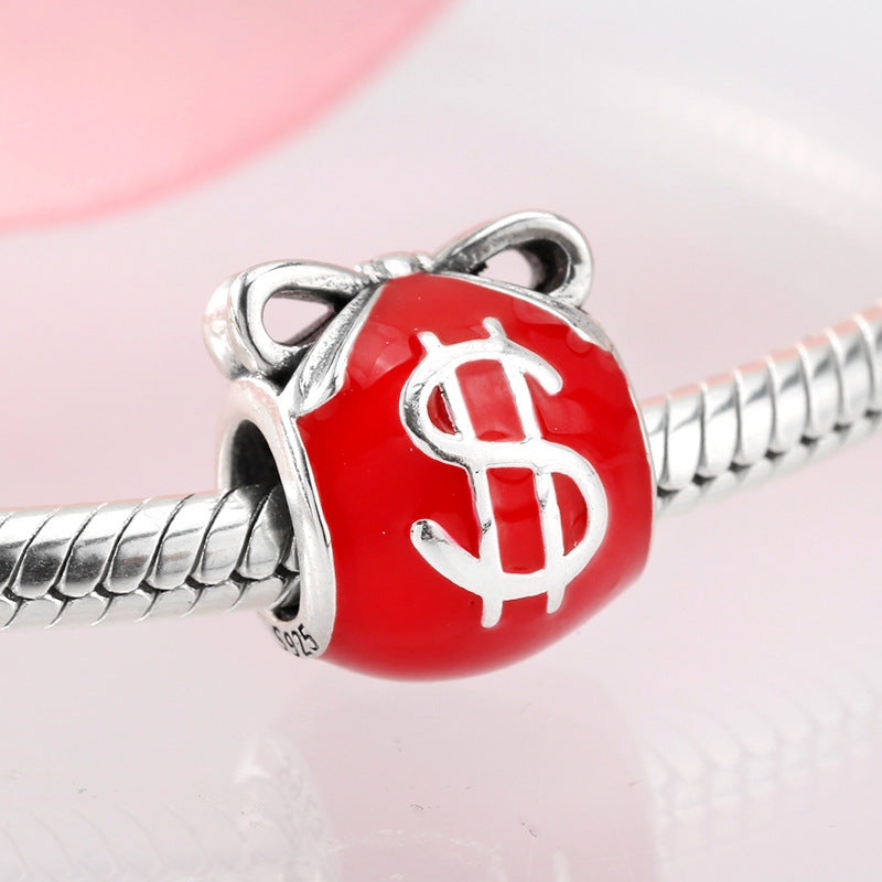 S925 Sterling Silver Red Dollar Symbol Purse Lucky Bracelet Pendant