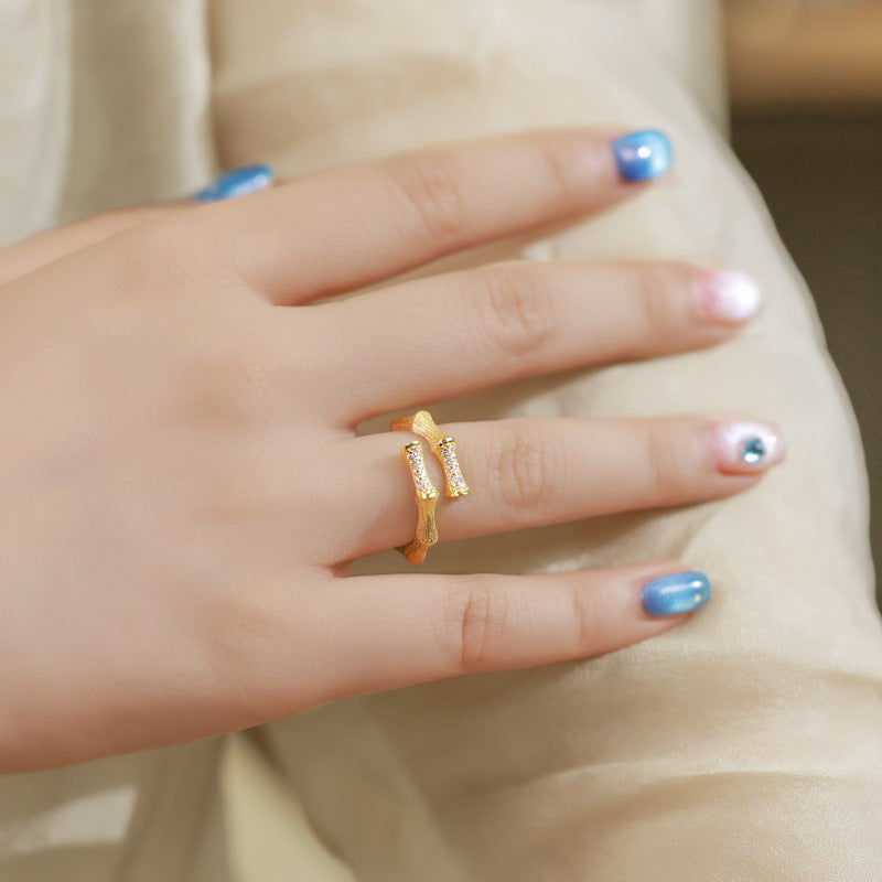 S925 Sterling Silver Gold-Plated Bamboo-Shaped Zircon Ring