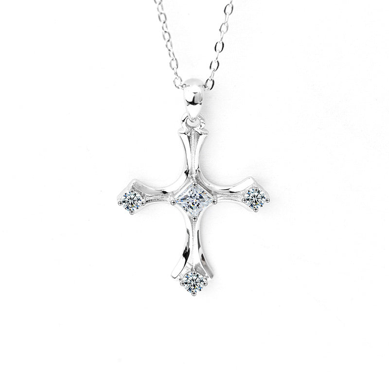 S925 Sterling Silver Moissanite Cross Square Pendant Necklace