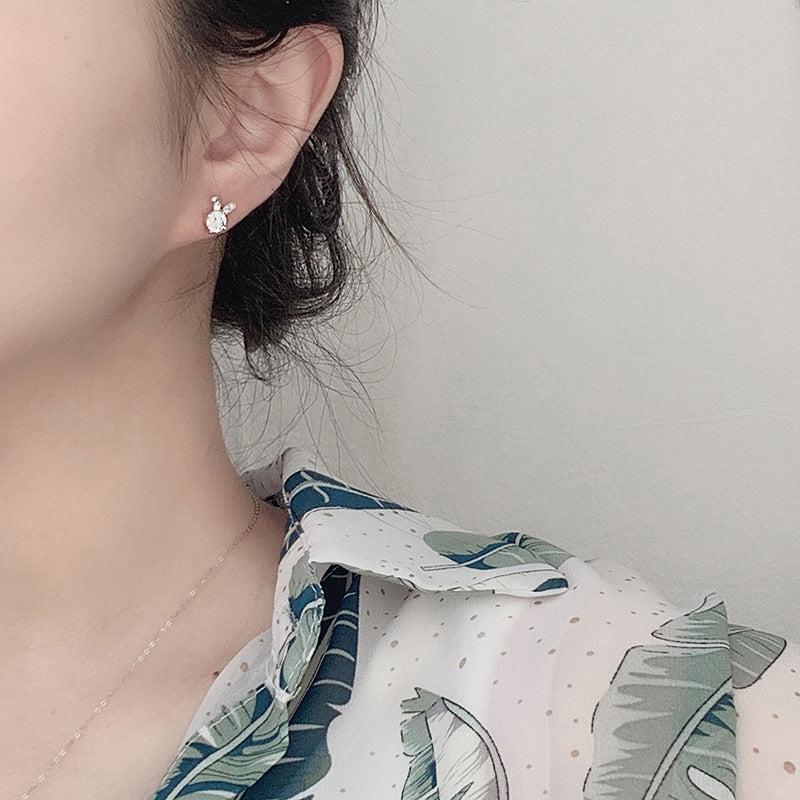 S925 Sterling Silver Cute Rabbit Stud Earrings with Moissanite