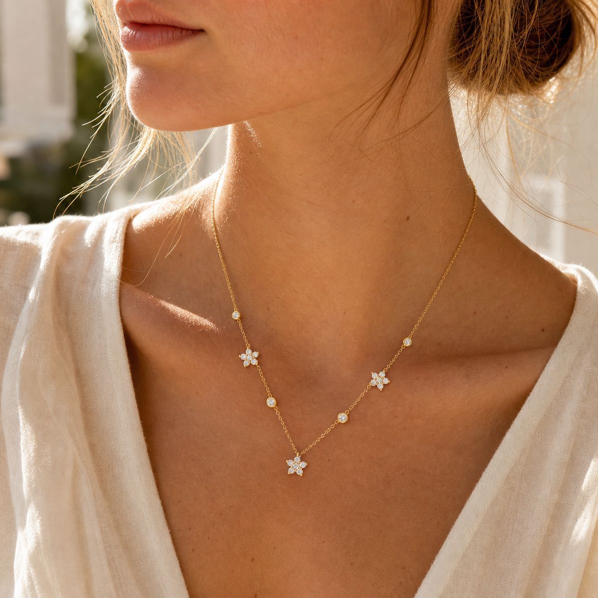 Dainty CZ Flower Station Necklace in 925 Sterling Silver