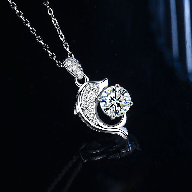 S925 Sterling Silver Moissanite Dolphin Simple Pendant Necklace