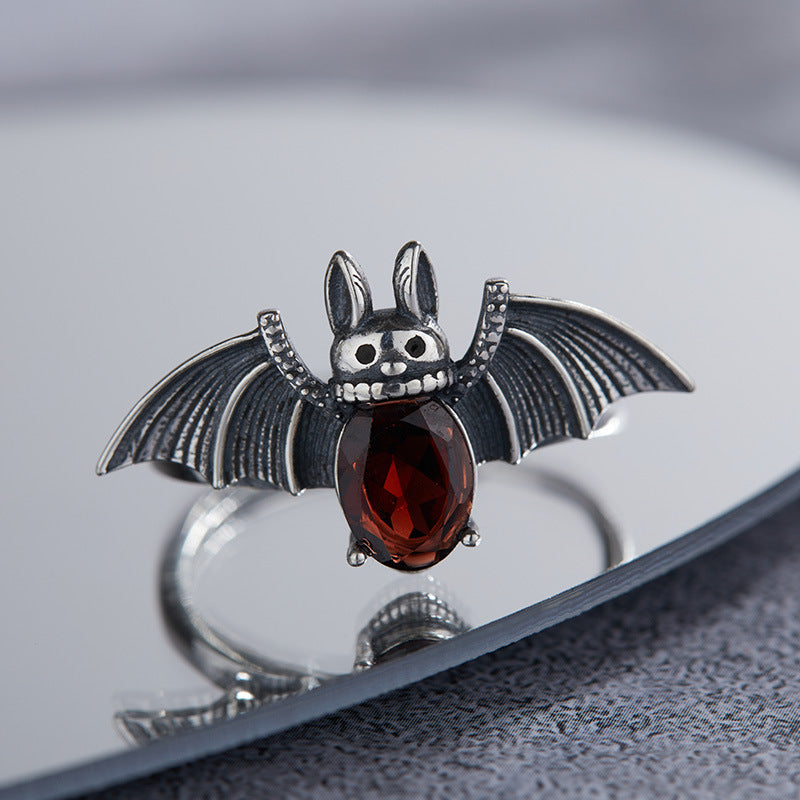 S925 Sterling Silver Halloween Garnet Bat Open Ring