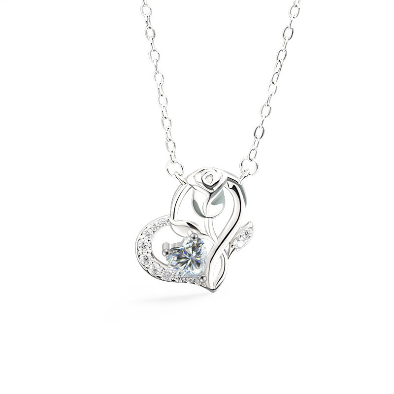 S925 Sterling Silver Rose Heart Moissanite Necklace