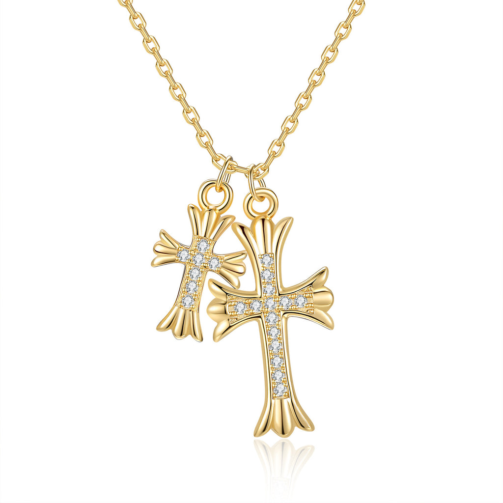S925 Sterling Silver Moissanite Double Cross Pendant Necklace