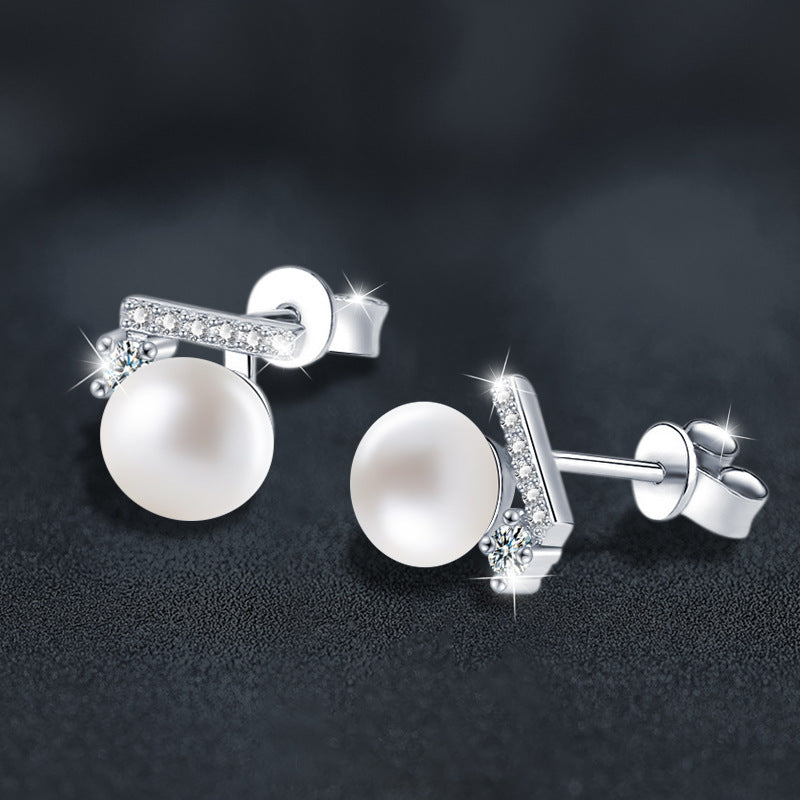925 Sterling Silver "Balance Beam" Earrings featuring Natural Freshwater Pearls and Moissanite
