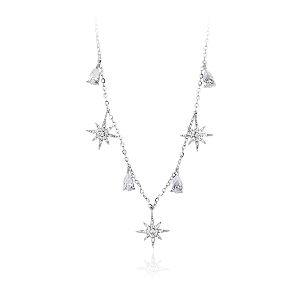 CZ Starburst Pear Drop Necklace in 925 Sterling Silver