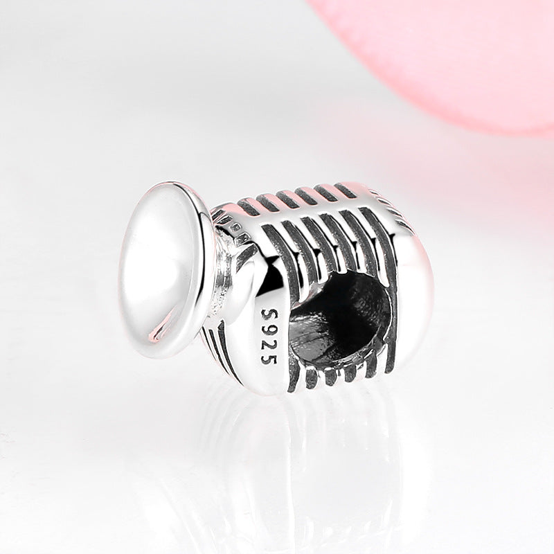 S925 Sterling Silver Vintage Microphone Shape Beaded Pendant