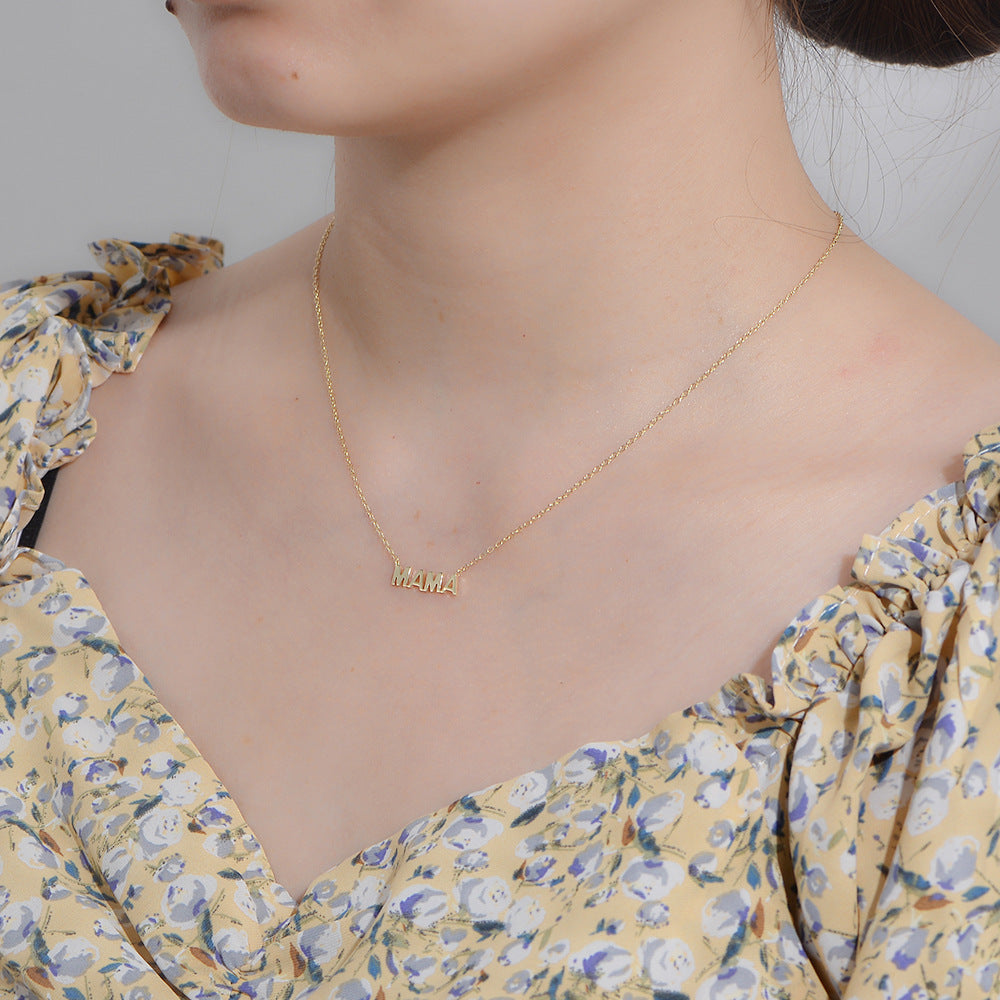 S925 Sterling Silver Electroplated 14K Glossy Mama Letter Pendant Mother's Day Necklace