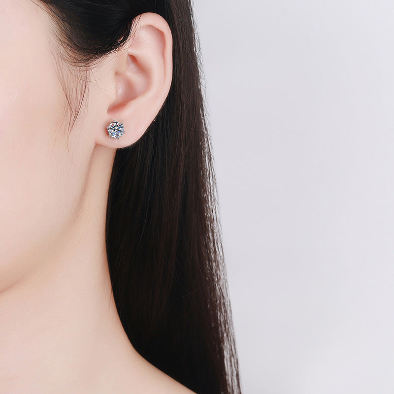 S925 Silver Threaded Stud Earrings — Classic Six-Prong Moissanite Studs