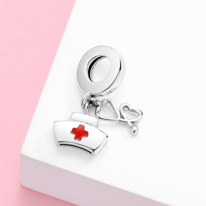 S925 Sterling Silver Nurse Cap Love Heart Stethoscope Pendant