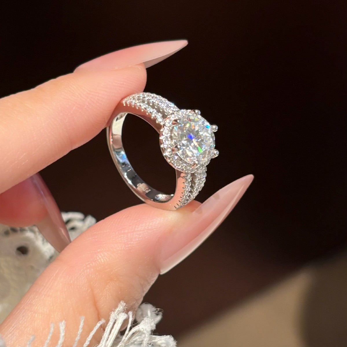 S925 Sterling Silver Six-Prong Moissanite Ring with Micro-Pave Setting