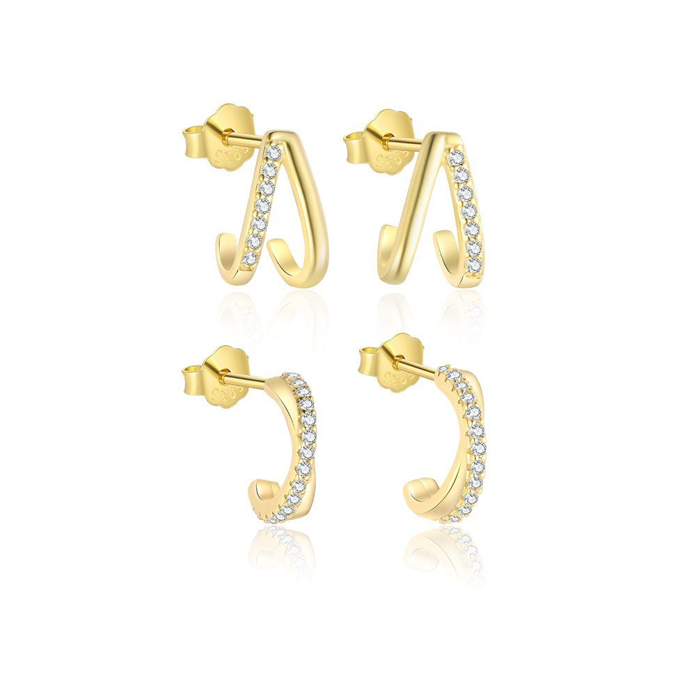 S925 Sterling Silver C-Shaped Zircon Stud Earrings