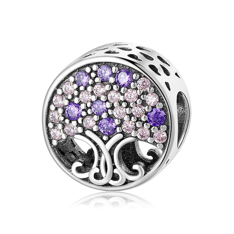 S925 Sterling Silver Hollow Tree of Life Purple Zircon Bead Pendant