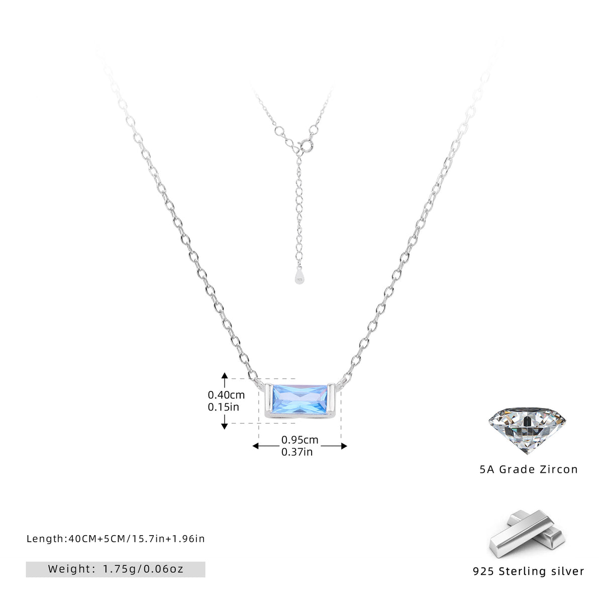 Rectangular colored zircon s925 sterling silver December birthstone collar necklace