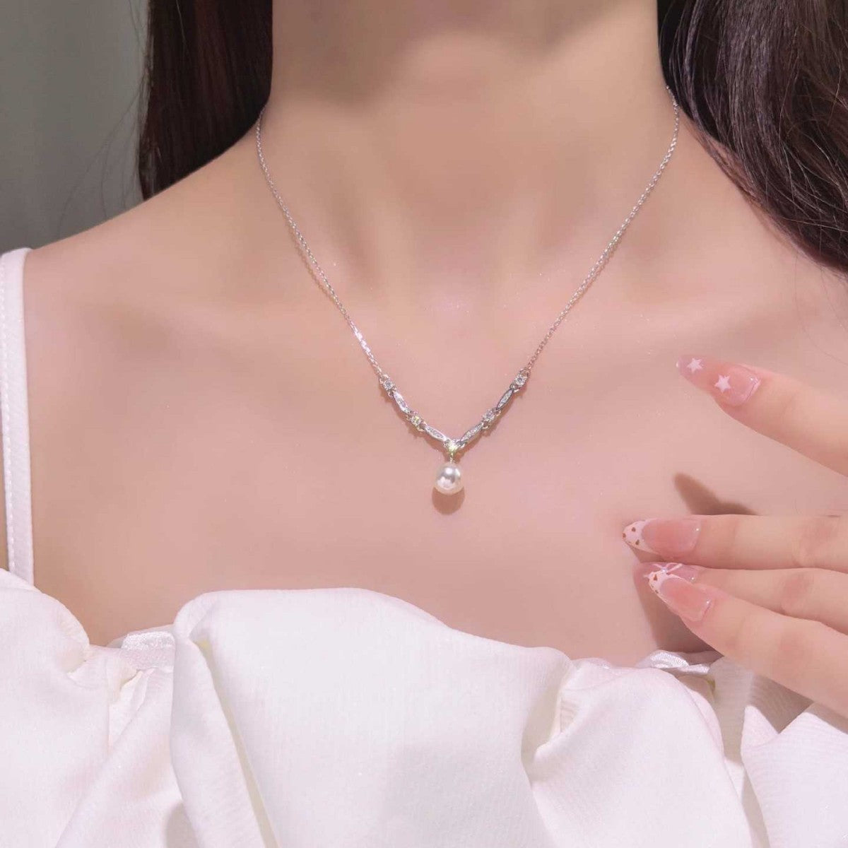 S925 Sterling Silver Pearl and Moissanite Necklace