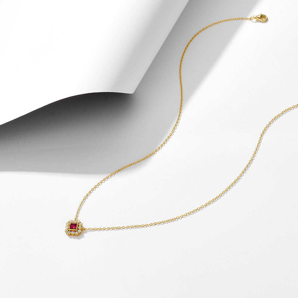 S925 Sterling Silver Geometric Square Ruby Hollow Pendant Zircon Necklace