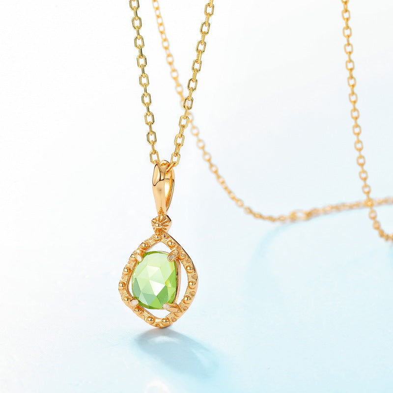 S925 Sterling Silver Gold-Plated Natural Olivine Pendant Necklace