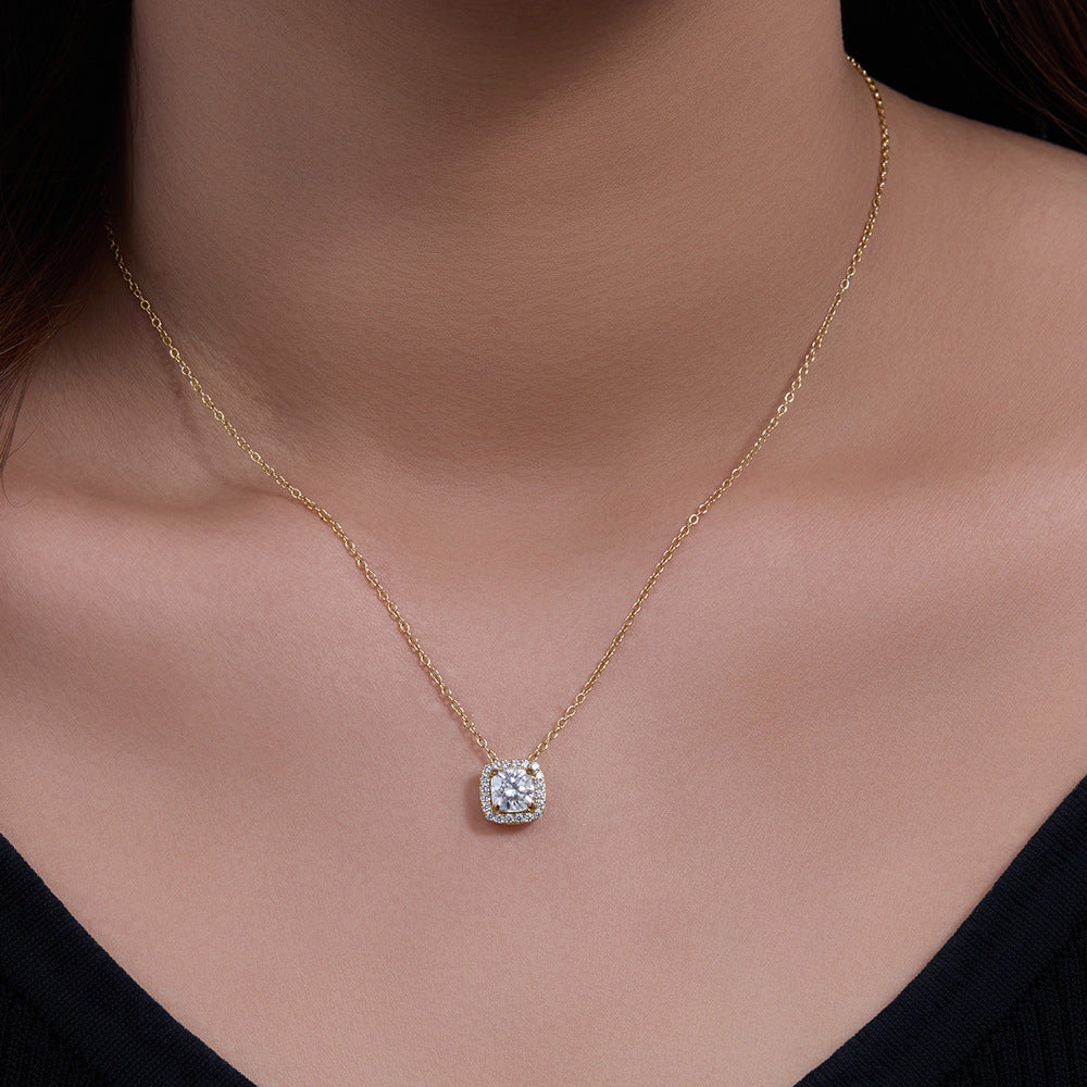 S925 Sterling Silver Fashion Geometry Pattern Square Zircon Pendant Necklace