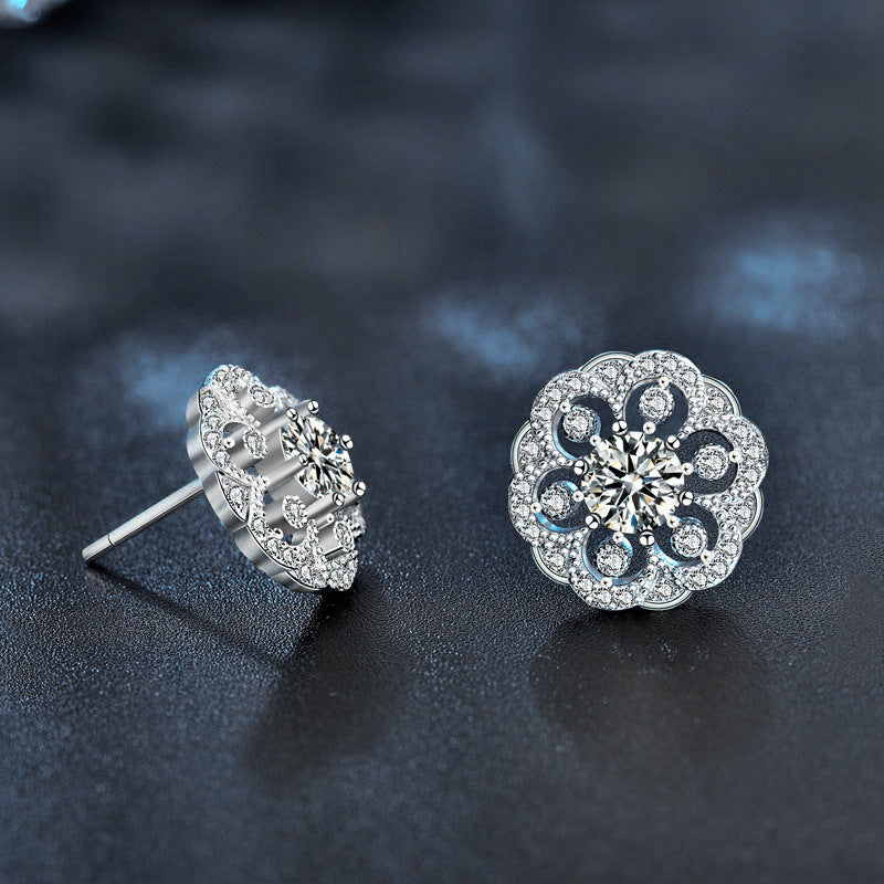 925 Sterling Silver Delicate Round Flower Moissanite Stud Earrings