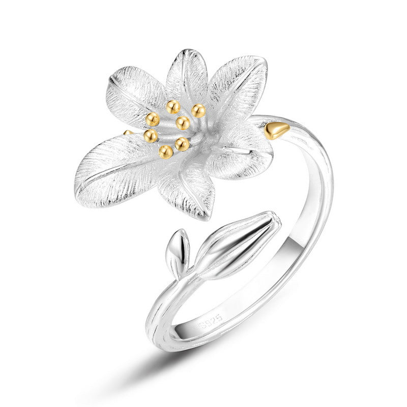 S925 Sterling Silver Gold-Plated Flower Zircon Ring